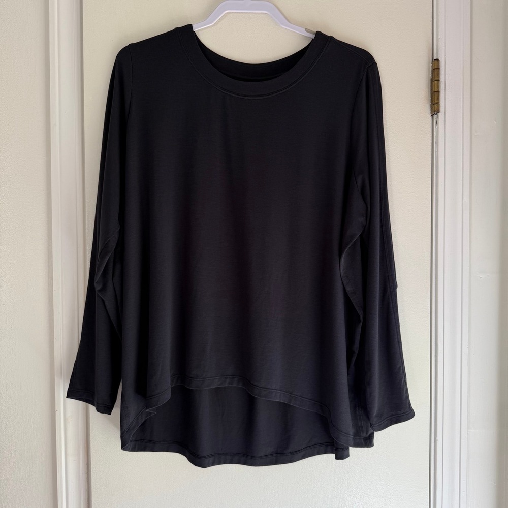 Athleta Womens Black Relaxed High-Low Long Sleeve Crew Neck Top Large